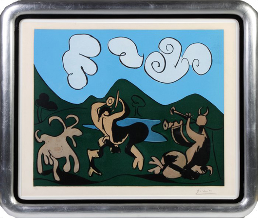 Color linocut on Arches paper by Pablo Picasso (#26 of 50), titled ‘Faunes et Chevre.’ Price realized: $78,200. Cottone Auctions image.